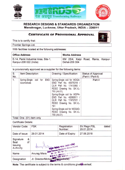 RDSO Certificate of Approval